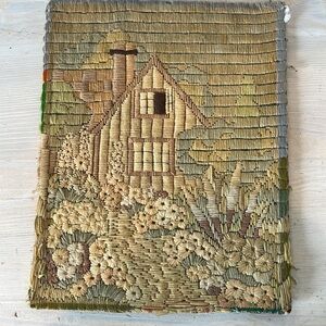 Vintage 1970s woven tapestry wall art of cottage and daisies